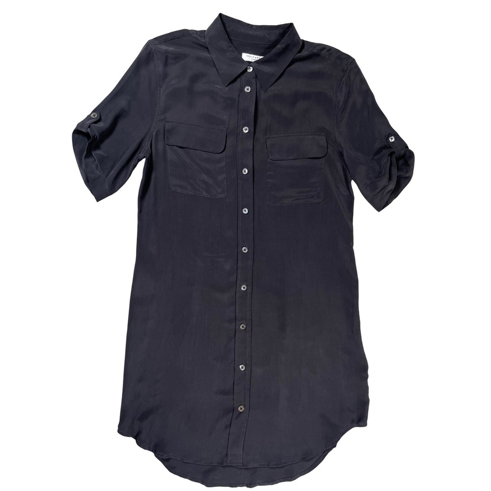 Equipment Femme Silk Shirt Dress Women XS Black Short Sleeve Button Front Luxury